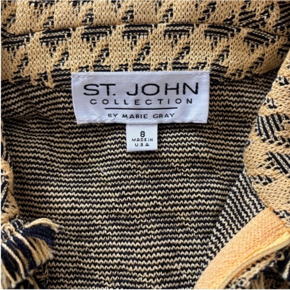 St John Houndstooth Jacket Vintage Fringe Knit Archival Logo Yellow Black Size 8 - Picture 3 of 14